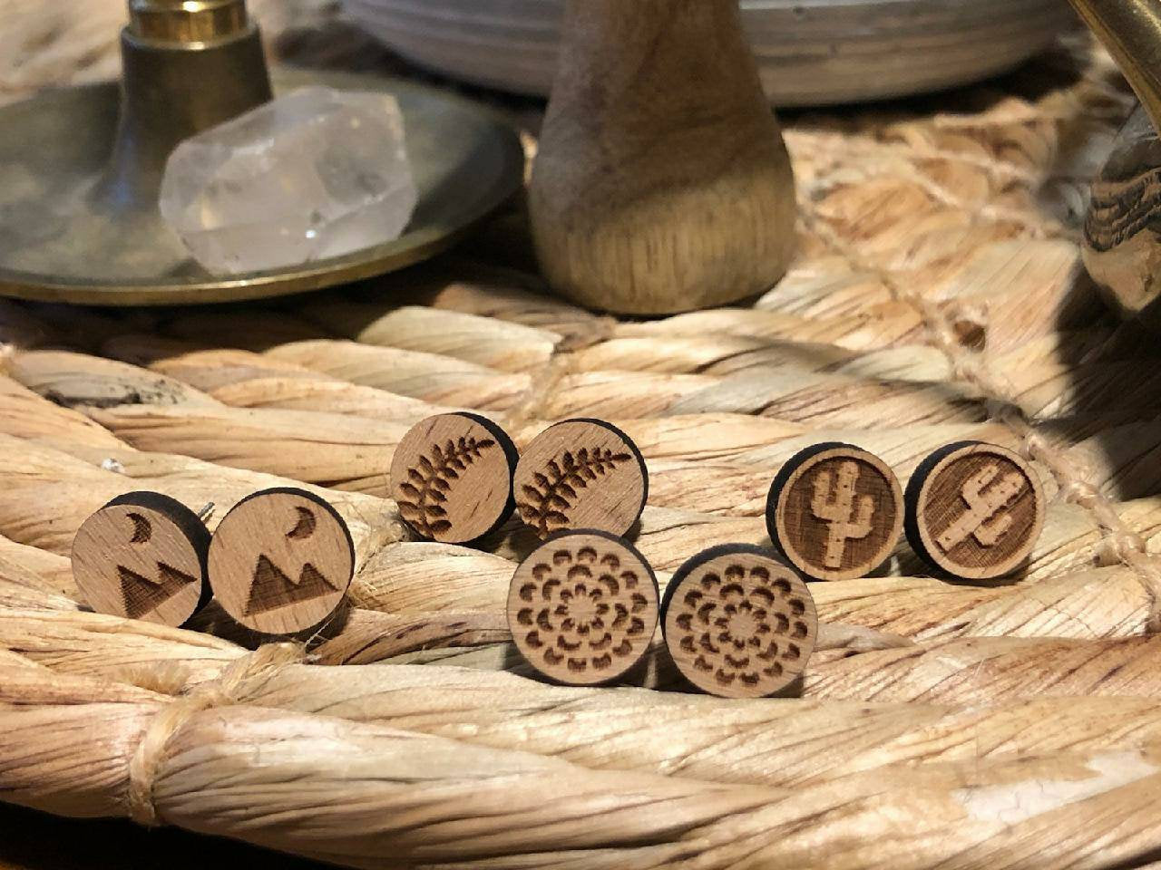 Wooden Stud Earrings | Essential Oil Diffuser Earrings for Boho Hippie Gift | Mountain | Cactus | Leaf Botanical Wood Design Jewelry for Her